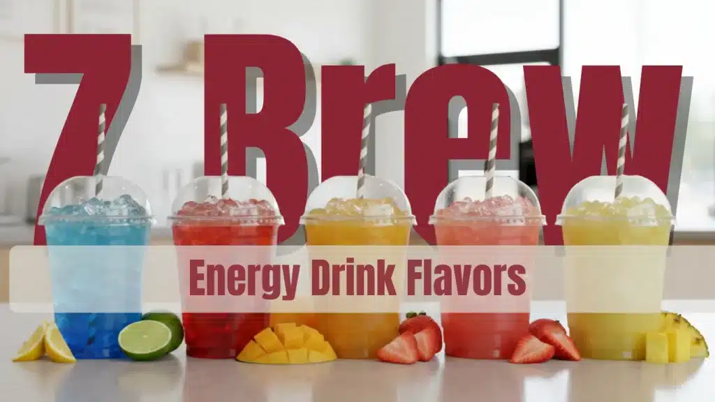 A combo of 7 brew energy drink flavors placed on a cafeteria ccounter