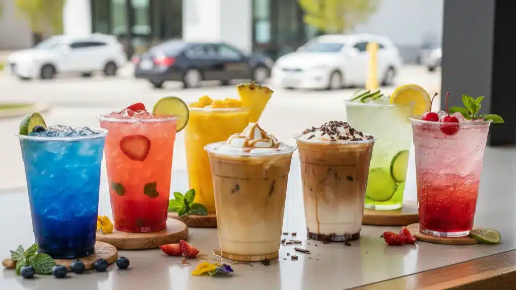 Colourful and secret drinks of 7 brew secret menu laid on a table