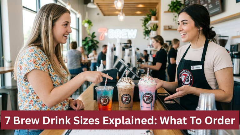 Colorful 7 Brew drinks in different cup sizes displayed on a café counter with iced coffees, energy drinks, and specialty beverages for a beginner size comparison guide.