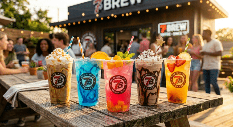 Colorful 7 Brew featured drinks displayed on a wooden outdoor table, including iced coffee, blue energy drink, tropical fruit refreshers, and chocolate chiller in front of a busy 7 Brew coffee stand during sunset.