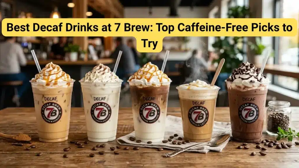 A horizontal lineup of five best decaf drinks in clear cups on a rustic table in a cozy café.