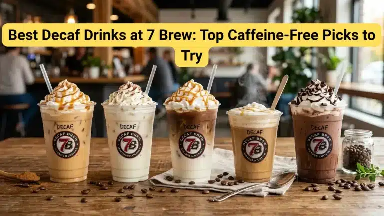 A horizontal lineup of five best decaf drinks in clear cups on a rustic table in a cozy café.